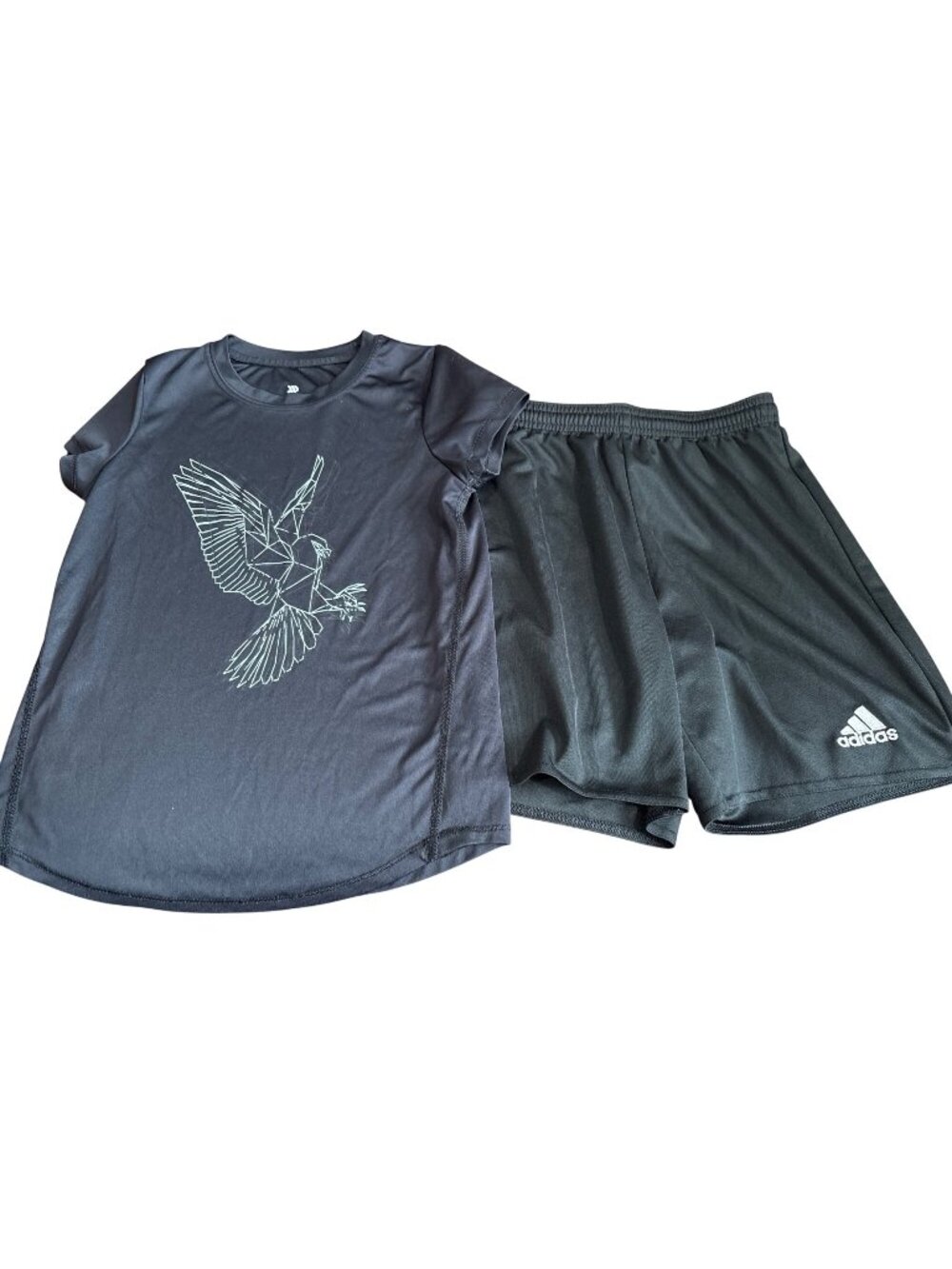Adidas Kids Activewear Set Black T-Shirt W/ Geometric Bird & Shorts Size M Youth